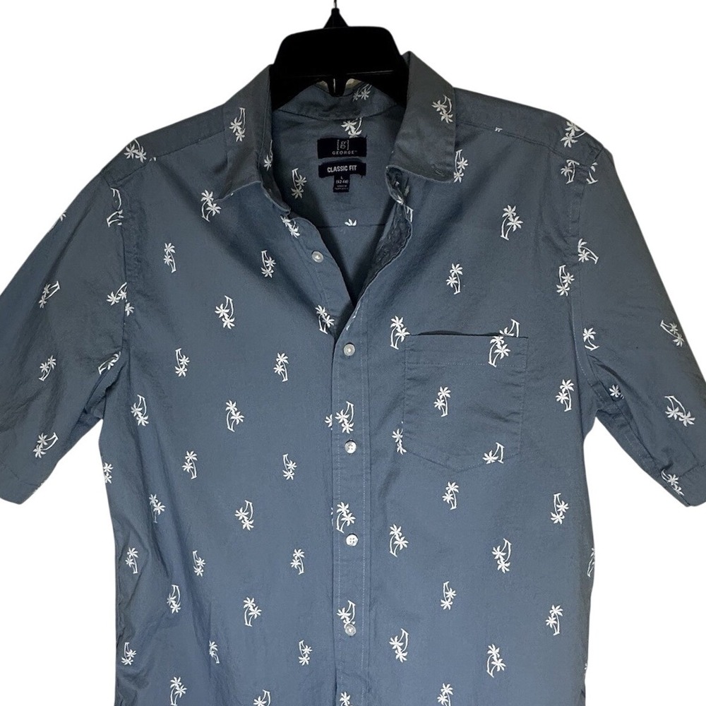 George-Mens Hawaiian Shirt L -Blue-Casual Button Down-Short Sleeve-Resort